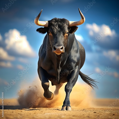 A powerful bull charges forward, kicking up dust against a backdrop of blue sky and clouds © lexmomot