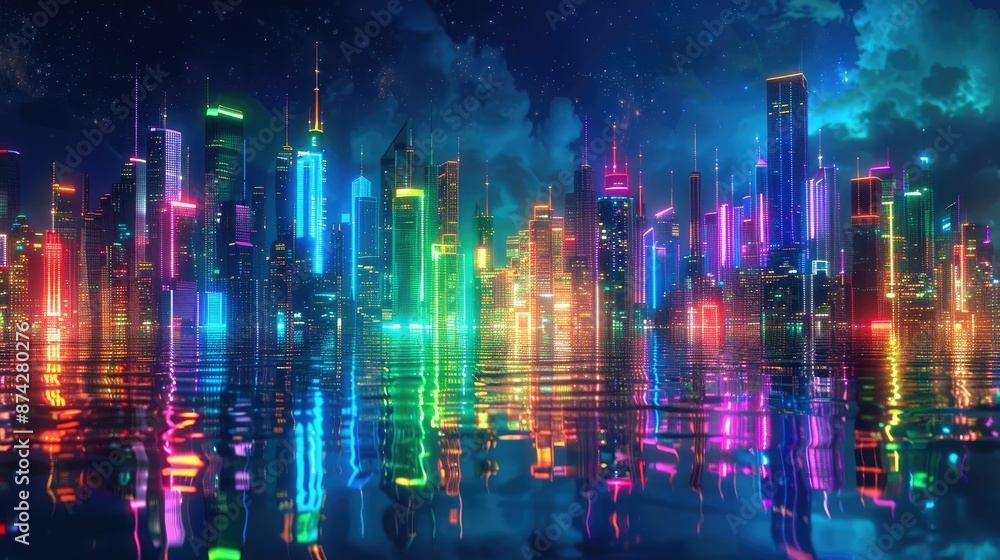 City skyline with vibrant metaverse wallpaper, glowing urban scene, abstract night view City skyline with vibrant metaverse wallpaper, glowing urban scene, abstract night view
