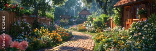 Sunlit Brick Path Through A Lush Garden With A Cottage And Flowers