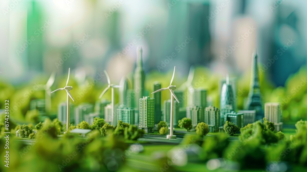 a phtotograph of a miniature green city with wind turbines set on a table blur background, ecology concept a phtotograph of a miniature green city with wind turbines set on a table blur background, ecology concept