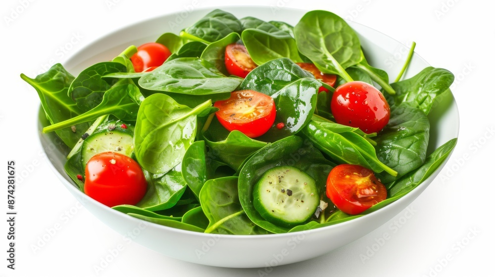 Spinach salad with cherry tomatoes, cucumbers, and other vegetables, isolated on white background Spinach salad with cherry tomatoes, cucumbers, and other vegetables, isolated on white background