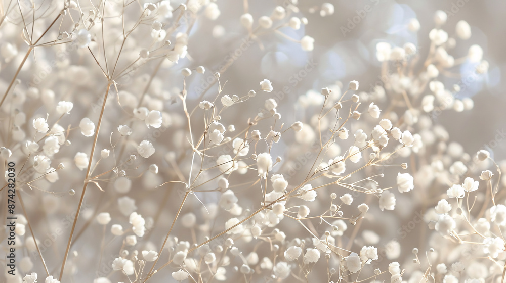 Naklejka premium Gypsophila: Delicate dried white flowers captured in soft macro light.
