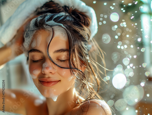 A woman relishes a relaxing shampooing session photo