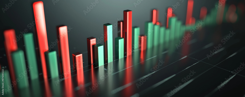 Fototapeta premium A bold bar chart with green bars rising sharply and red bars dropping steeply, representing stock market changes, set against a dark gray background.