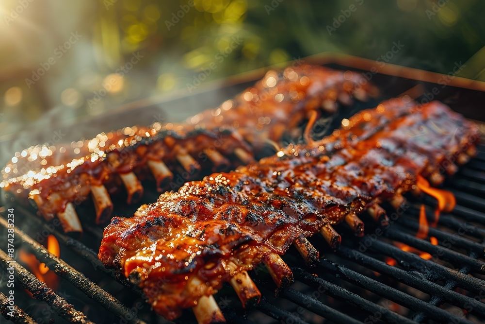 Marinated spicy pork ribs grilling on a bbq fire amongst the hot flames outdoors Marinated spicy pork ribs grilling on a bbq fire amongst the hot flames outdoors