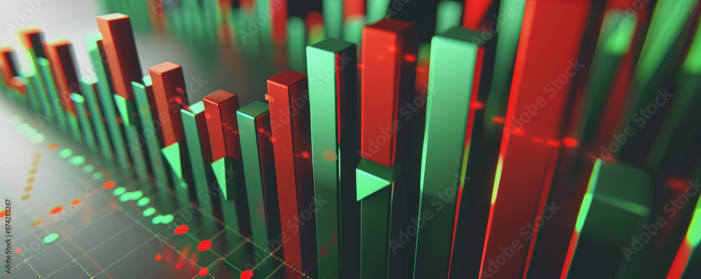 Obraz premium A bold bar chart with green bars rising sharply and red bars dropping steeply, representing stock market changes, set against a neutral gray background.