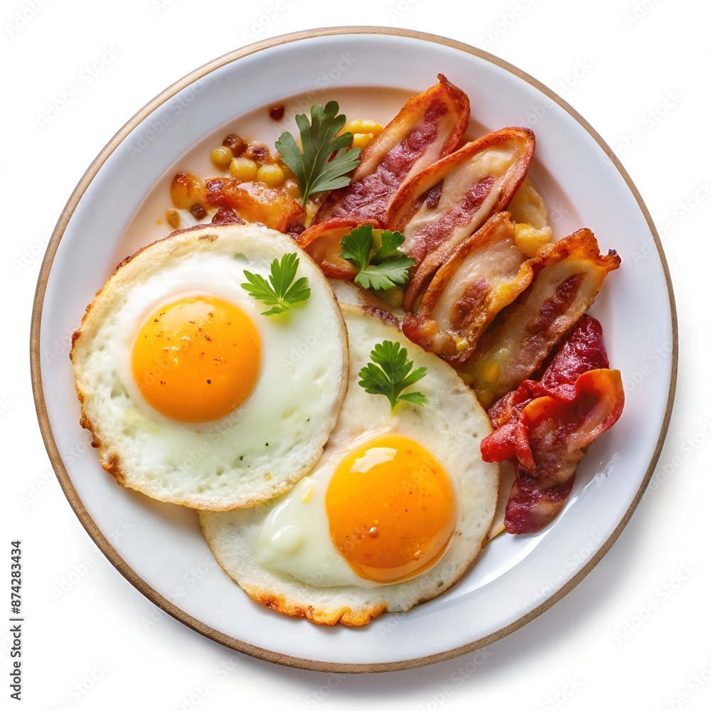 Classic breakfast with sunny-side-up eggs and crispy bacon on a white plate Classic breakfast with sunny-side-up eggs and crispy bacon on a white plate