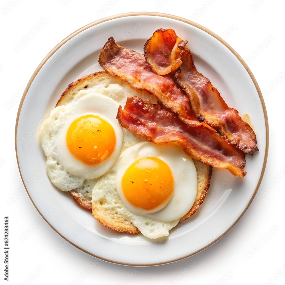 Classic breakfast with sunny-side-up eggs and crispy bacon on a white plate Classic breakfast with sunny-side-up eggs and crispy bacon on a white plate