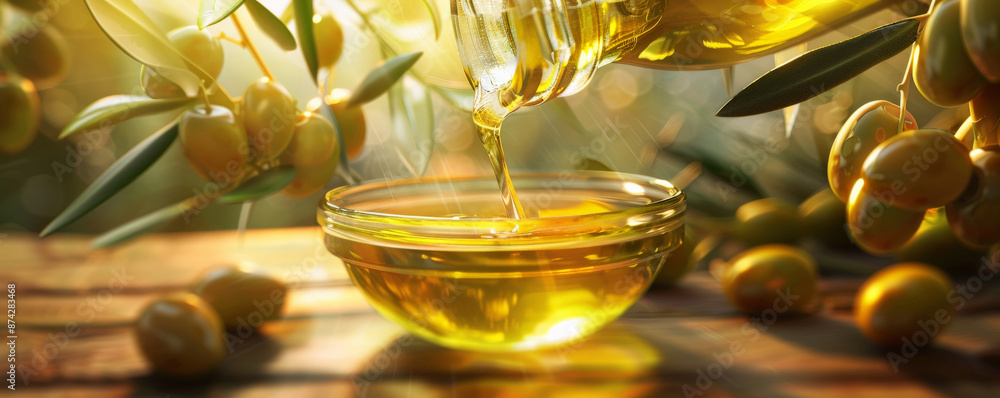 A bottle of golden olive oil pouring into a bowl, glistening in the sunlight with reflections, surrounded by fresh olives and leaves, set against a rustic wooden background. A bottle of golden olive oil pouring into a bowl, glistening in the sunlight with reflections, surrounded by fresh olives and leaves, set against a rustic wooden background.