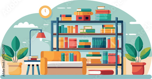 A colorful bookcase with a clock on the wall
