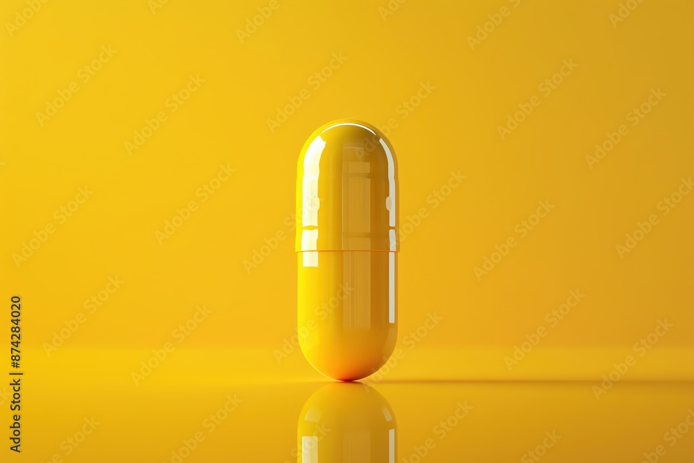 A single yellow pill capsule stands on a vibrant yellow background. A single yellow pill capsule stands on a vibrant yellow background.
