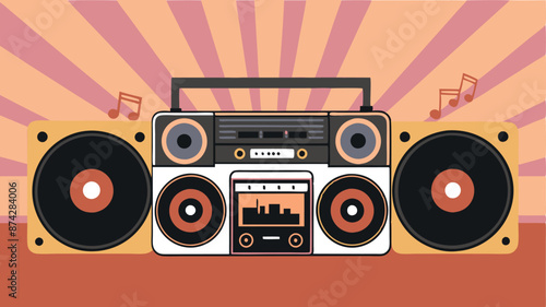 A cartoon image of a boombox with two speakers and a remote control
