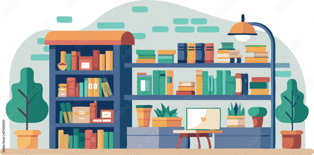 A bookcase with many books and a computer on a desk A bookcase with many books and a computer on a desk