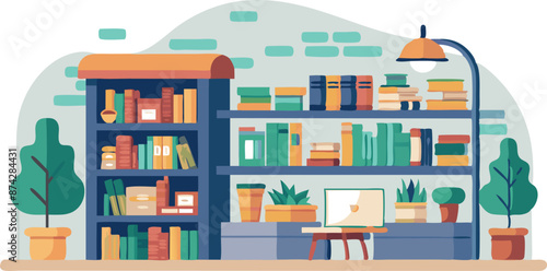 A bookcase with many books and a computer on a desk