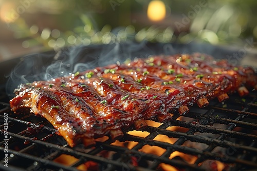 Marinated spicy pork ribs grilling on a bbq fire amongst the hot flames outdoors