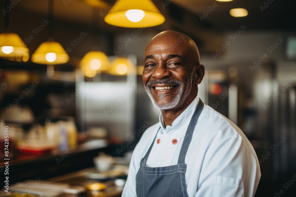 Fototapeta premium Portrait of a smiling middle aged male chef in kitchen