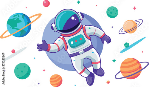 A cartoon astronaut is floating in space with a planet in the background