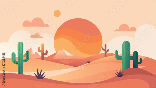 A desert scene with a large orange sun in the sky