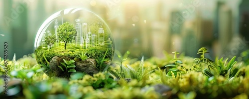 Green Cityscape, Sustainable Urban Living Concept with City Outline Inside Glass Sphere
