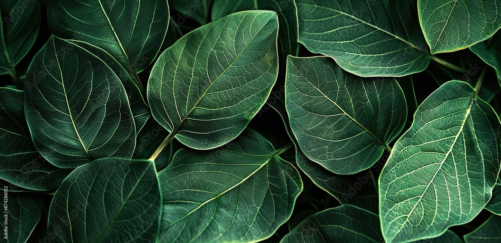 A number of dark green leaves with a curved shape are photographed from the top A number of dark green leaves with a curved shape are photographed from the top