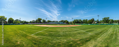 A classic baseball field under a clear blue sky, with neatly trimmed grass, a well-maintained infield, and the iconic diamond shape. The stands are filled with cheering fans, capturing the excitement