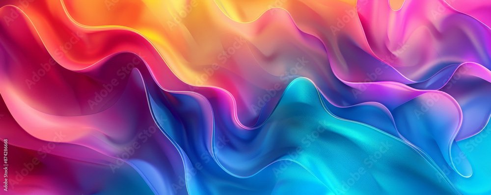 Obraz premium A colorful and dynamic rainbow gradient wavy abstract background, with smooth, flowing lines that transition seamlessly between vibrant hues, creating a lively and energetic effect.