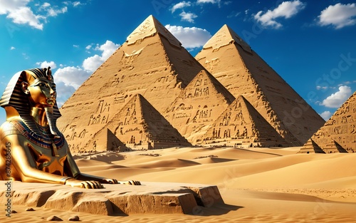 Pyramids and Pharaoh statue of the ancient ruler of Egypt photo