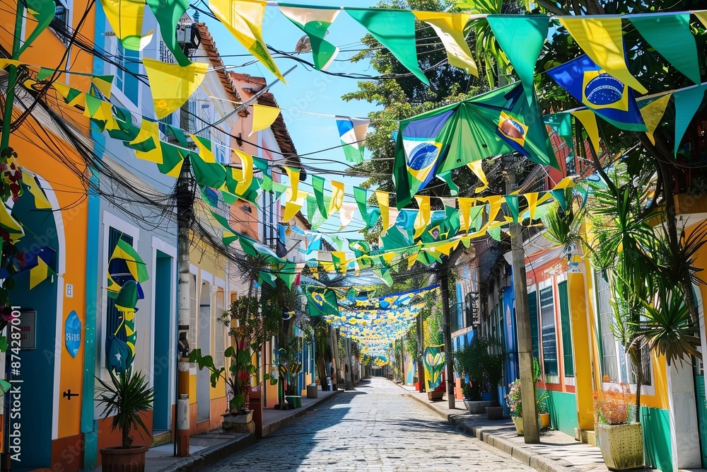 Naklejka premium Bright and festive street decorations and flags celebrate Brazilian Independence Day