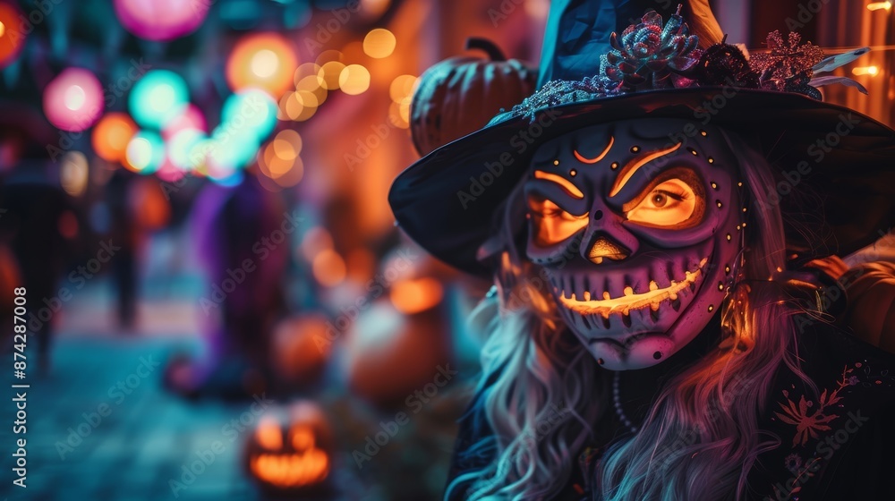 Scary mystical character for Halloween. Scary figure in a dark hat with glowing eyes, standing in a spooky outdoor setting with red lights Scary mystical character for Halloween. Scary figure in a dark hat with glowing eyes, standing in a spooky outdoor setting with red lights