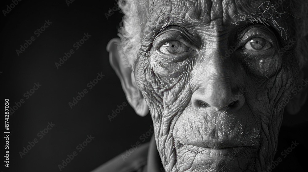 Create a dramatic black-and-white portrait of an elderly man with deep wrinkles. Create a dramatic black-and-white portrait of an elderly man with deep wrinkles.