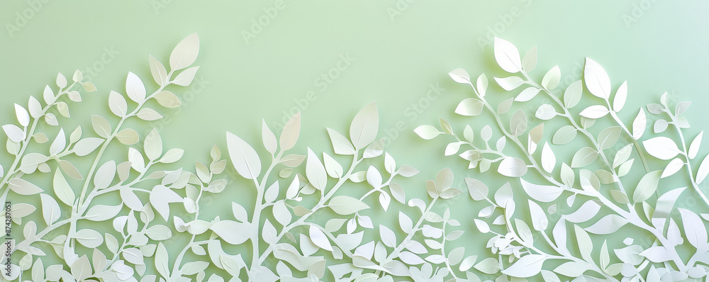 Fototapeta premium A cut-out paper banner with floral vine patterns, layered on a pastel green background, creating a fresh and natural effect.