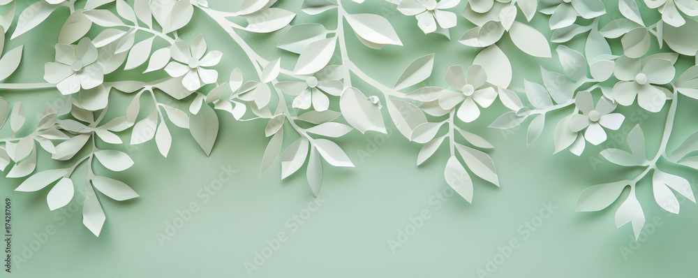 A cut-out paper banner with floral vine patterns, layered on a pastel green background, creating a fresh and natural effect. A cut-out paper banner with floral vine patterns, layered on a pastel green background, creating a fresh and natural effect.