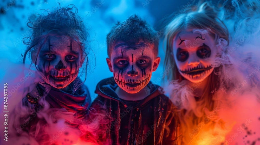 Fototapeta premium Three children with spooky face paint and eerie expressions, surrounded by colorful smoke in a dark Halloween setting.