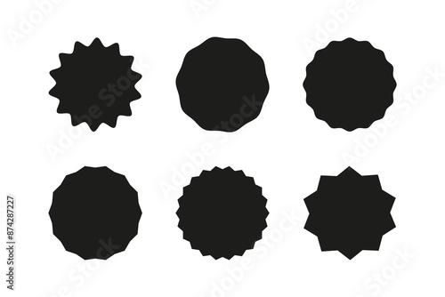 Round black badges. Set of circle sticker. Wavy edge promo symbol. Star burst shape tags for price. Blank sale templates. Simple silhouette icon. Flat vintage label.
