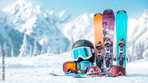 Comprehensive display of winter sports equipment featuring skis, snowboards, and ice skates, set against a snowy mountain backdrop