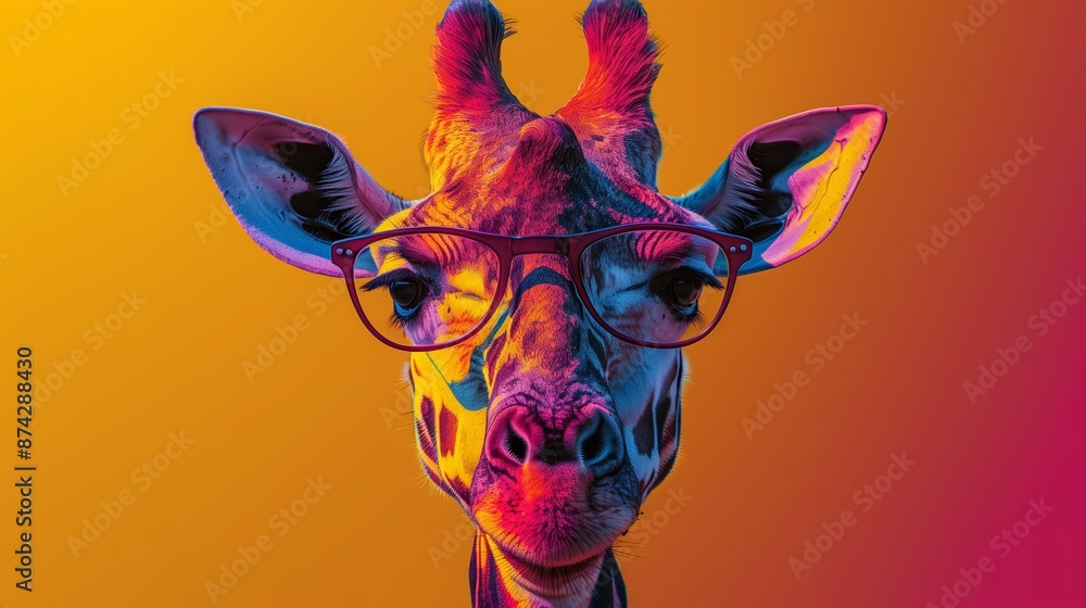 Close Up of a Neon Colored Giraffe Wearing Glasses Close Up of a Neon Colored Giraffe Wearing Glasses