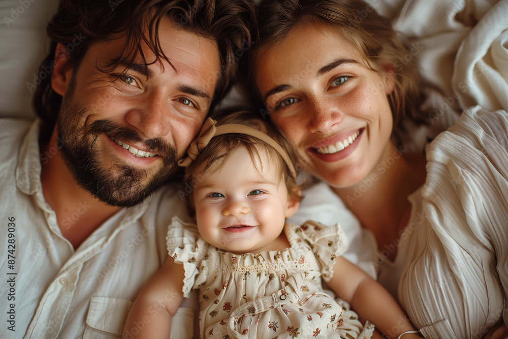 A top view of a happy father, mother and baby daughter laying on the bed, hugging each other in love, laughing together. A top view of a happy father, mother and baby daughter laying on the bed, hugging each other in love, laughing together.