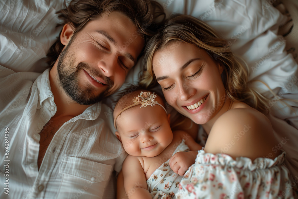 A top view of a happy father, mother and baby daughter laying on the bed, hugging each other with eyes closed in love, laughing together. A top view of a happy father, mother and baby daughter laying on the bed, hugging each other with eyes closed in love, laughing together.