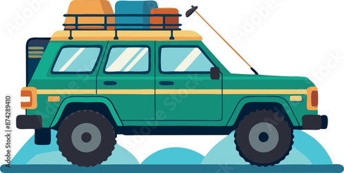 A green all terrain vehicle with a roof rack and luggage on top. The car is parked on a wet road