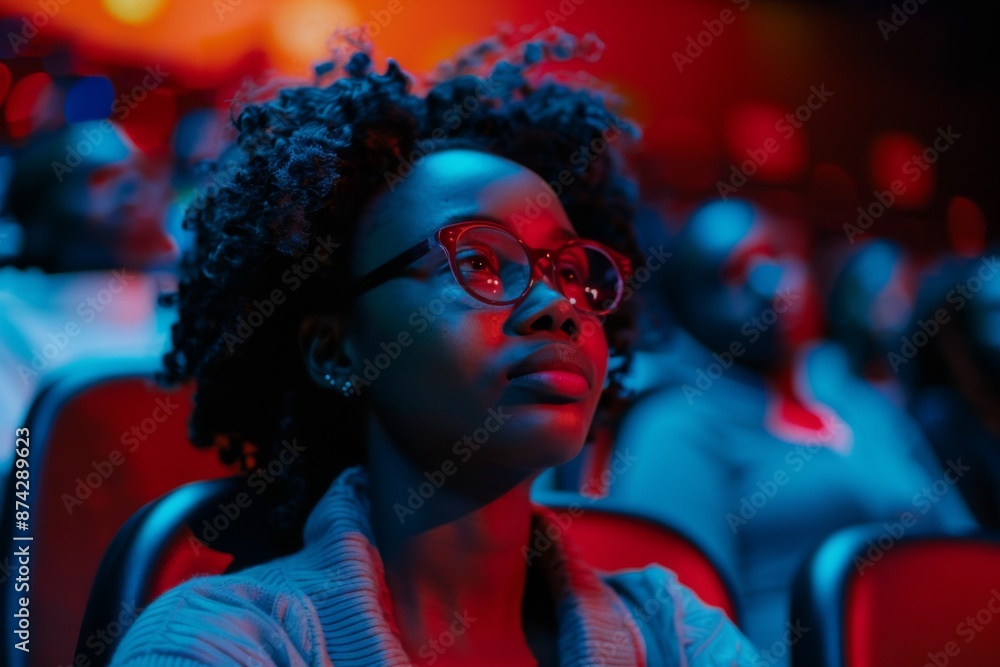 Portrait of a young woman watching a movie in cinema Portrait of a young woman watching a movie in cinema