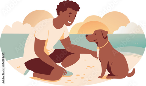 A man is petting a dog on the beach