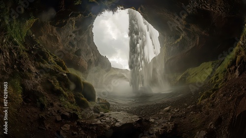 Interior view of a waterfall in Iceland