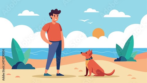 A man is standing next to a dog on a beach