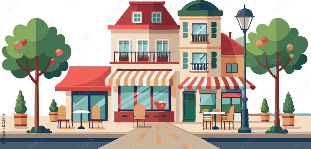 A street scene with a red building and a green one A street scene with a red building and a green one