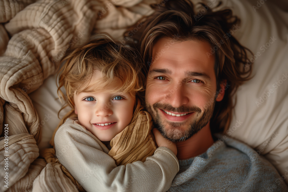Top view of a happy father and son laying on bed, hugging each other, laughing together. Beige tones. Love. Top view of a happy father and son laying on bed, hugging each other, laughing together. Beige tones. Love.