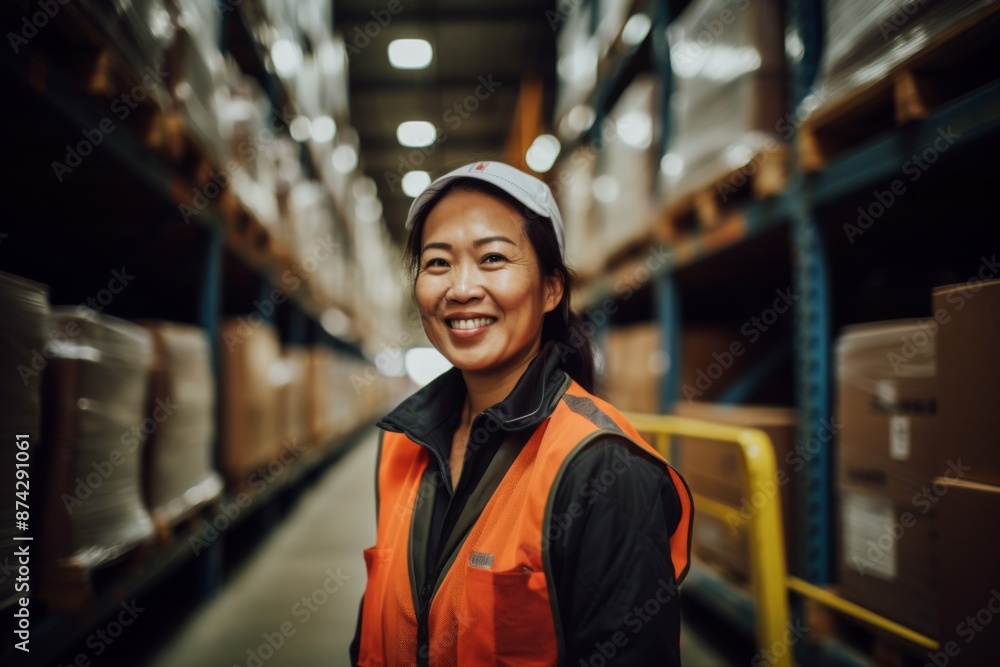 Smiling portrait of middle aged female warehouse worker Smiling portrait of middle aged female warehouse worker