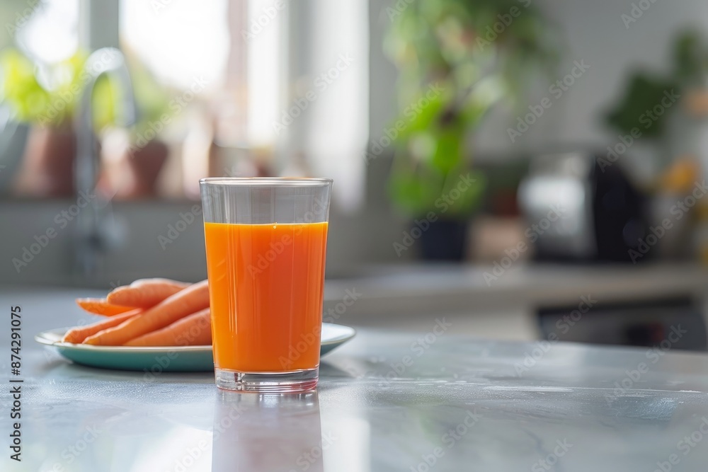 Carrot juice in a glass, fresh carrots on the kitchen table. A healthy diet drink. Carrot juice in a glass, fresh carrots on the kitchen table. A healthy diet drink.