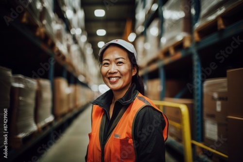 Smiling portrait of middle aged female warehouse worker