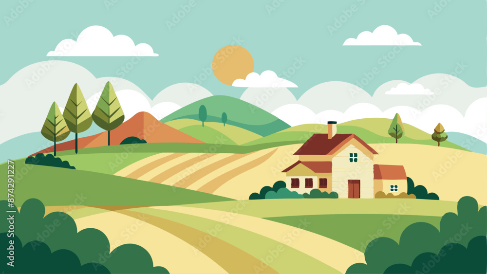 Fototapeta premium A rural landscape with a house and a barn