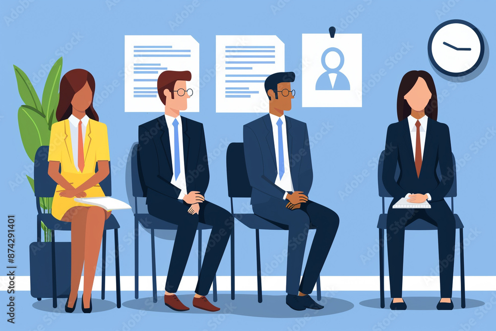 Illustration of four businesspeople sitting in chairs waiting for an interview on blue background, Generative AI Illustration of four businesspeople sitting in chairs waiting for an interview on blue background, Generative AI